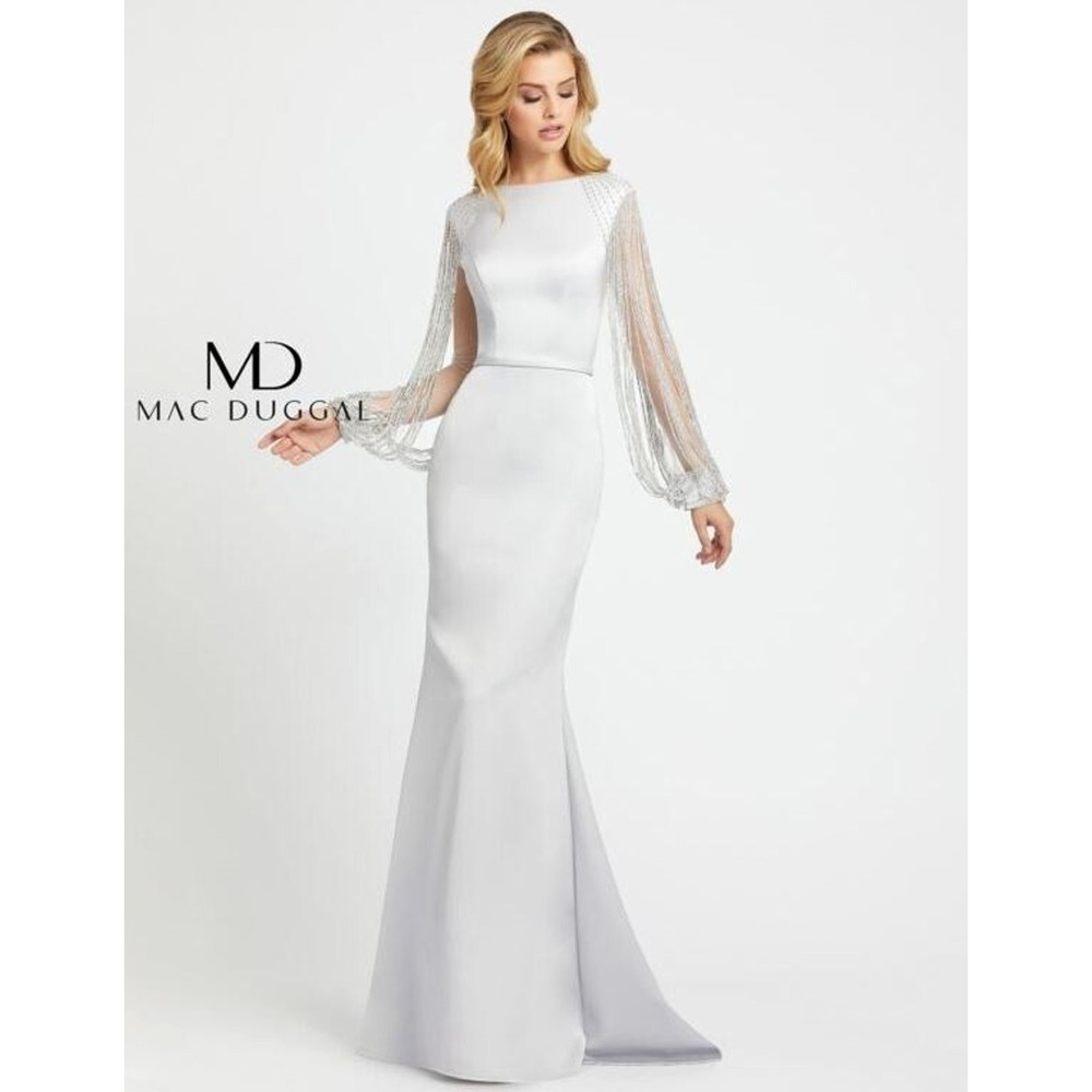 Mac Duggal Women's 20116 Bejeweled Illusion‎ Sleeve Formal Gown Silver 8 $598